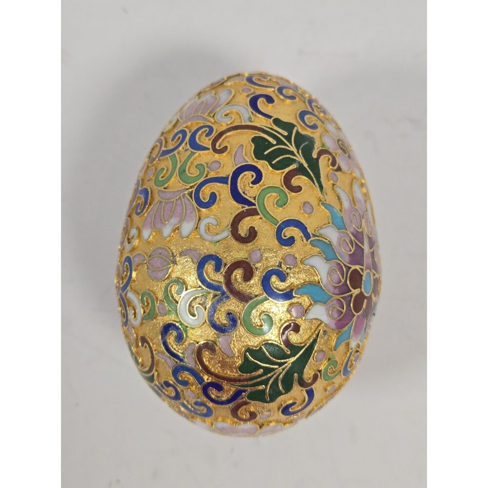 Vintage Chinese Cloisonne Enamel Floral Egg Gold Tone 4in Decor Display No Stand